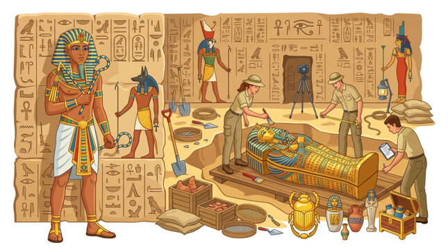 Ancient Egyptian tomb discovery with pharaoh statue and artifacts.