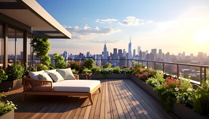 Fototapeta premium Modern Rooftop Balcony Garden With Luxury Lounge Daybed And Lush Greenery Overlooking City Skyline At Sunset Golden Hour Architectural Visualization