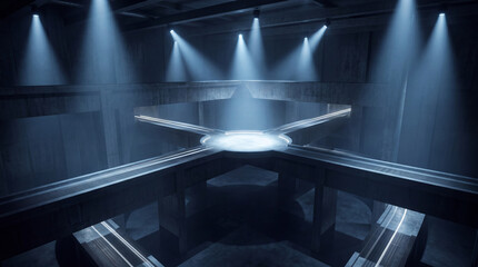 Fototapeta premium Dark futuristic concrete complex featuring intersecting elevated pathways converging on a central illuminated platform.