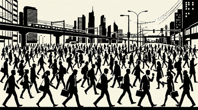 Busy urban commuters silhouetted in dense black and white cityscape with skyscrapers and elevated train in the background
