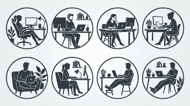 Silhouette icons of freelancers working from home at desks with laptops books and plants in minimalist style