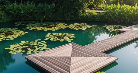 Naklejka premium Experience ultimate serenity with a modern wooden walkway over a lush, tropical lily pond.