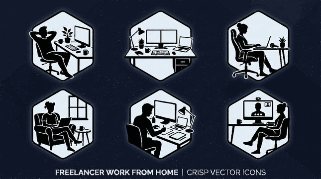 Freelancer work from home concept with silhouette icons showing remote workers at desks using laptops in minimalist style