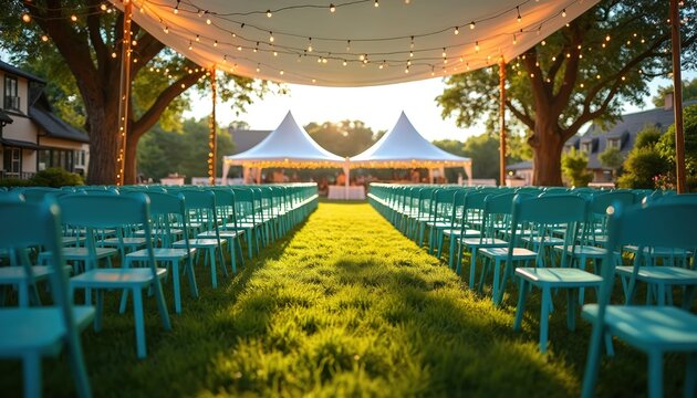 Rows of empty teal chairs set up on rich green lawn under canopy with string lights. Tents, trees form backdrop for outdoor party wedding event. Sunlight filters through leaves creating warm glow.