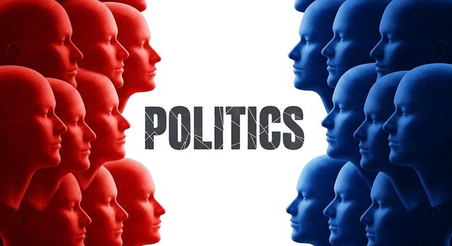 Conceptual illustration of political polarization with red and blue human heads facing each other, representing conflict, division, and opposing ideologies isolated on white background
