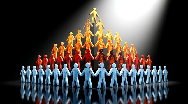A 3d rendering of a large group of people forming a pyramid structure, with the figures at the top glowing in gold and orange, standing on a dark reflective surface