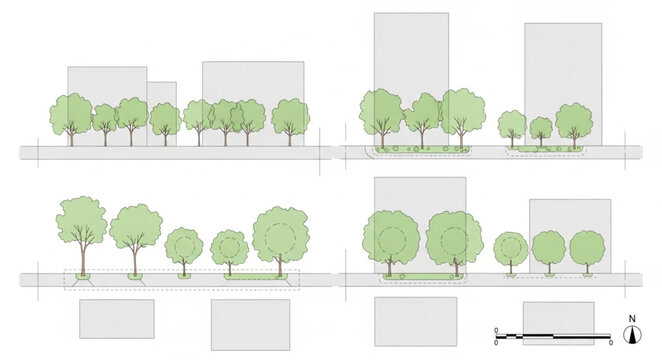 Architectural drawing of trees and buildings in urban landscape design.