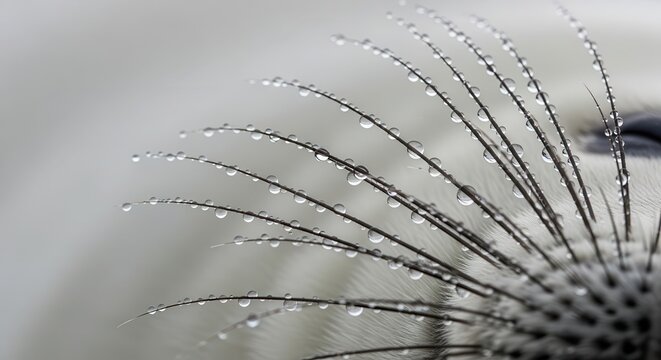 Macro Close-up of Seal Whiskers with Crystal Clear Water Droplets on W
