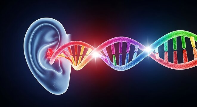 3d illustration of a human ear connected to a dna strand, representing the genetic basis of hearing and auditory health, conceptual medical science background