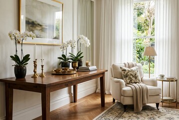 Fototapeta premium Elegant Living Room Interior with Orchids and Comfortable Armchair.