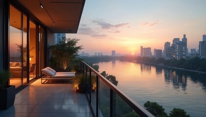 Obraz premium Modern apartment balcony offers serene lake view at sunset. City skyline reflects on calm water, luxury living space for relaxation and peaceful evenings.