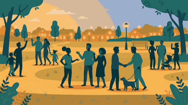 Silhouetted neighbors greeting warmly in illustration sunset park setting with community spirit and friendly gestures