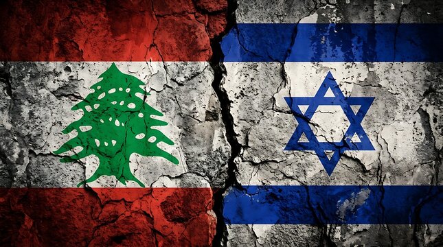 Flags of lebanon and israel on a cracked wall background concept of conflict, war, political tension, and diplomatic crisis between the two countries