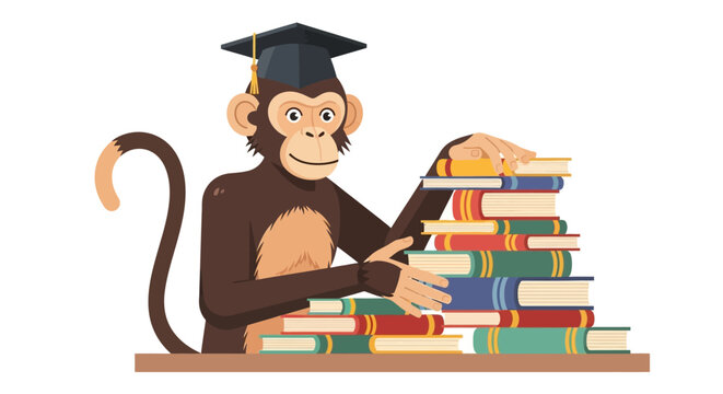 Smart Monkey Wearing Graduation Cap with Stack of Books