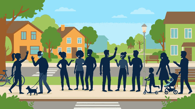 Silhouettes of a diverse neighborhood community greeting each other warmly on a sunny suburban street with houses and trees