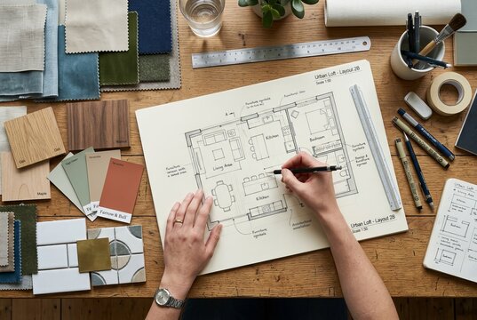 Interior designer working on floor plan with material samples.