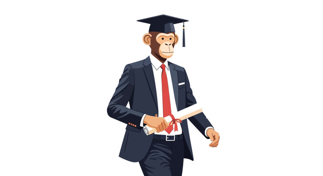 Intelligent Ape Graduate Wearing Graduation Cap and Suit Holding Diploma