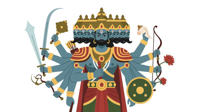 Multi-armed Hindu deity Ravana illustration, ten heads, holding weapons, Indian mythology