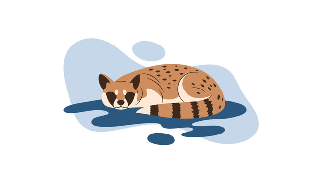 Cute Civet Cat Sleeping Curled Up, Spotted Fur, Striped Tail, Flat Design