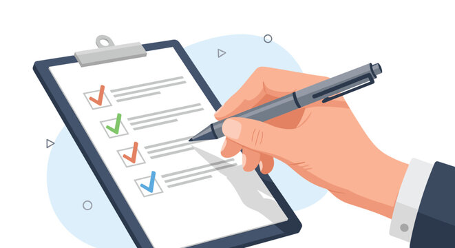 Close up of a person hand using a pen to tick off items on a checklist attached to a clipboard against a light blue background.