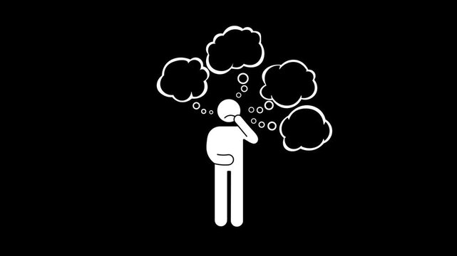 Animation of people and cloud bubbles, concept of thinking, worry, a man is considering to make a decision, 4K video.
