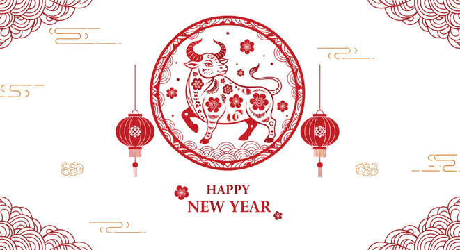 Traditional Chinese New Year celebration card featuring a stylized ox within a circular frame with lanterns and cloud patterns.