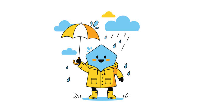 Adorable blue geometric character wears a yellow rain slicker and holds an umbrella during a rainstorm with blue clouds and drops.