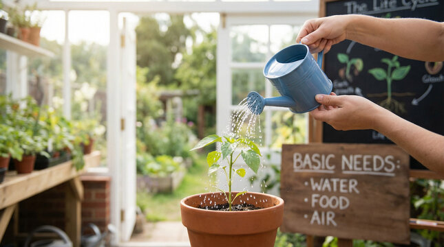 Person watering young plant in greenhouse with basic needs sign, illustrating water, food, and air for living things.