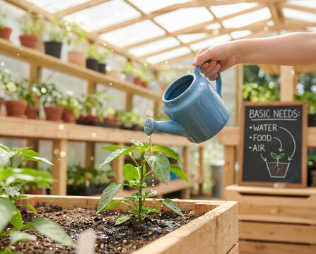 Hand watering a young seedling in a wooden planter inside a greenhouse to demonstrate the basic needs of living things including water, food, and a...
