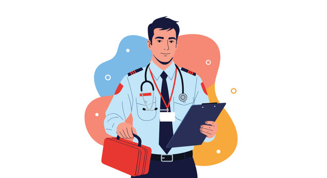 Professional male doctor or paramedic in uniform carries a red medical kit and a clipboard while standing before a colorful background.