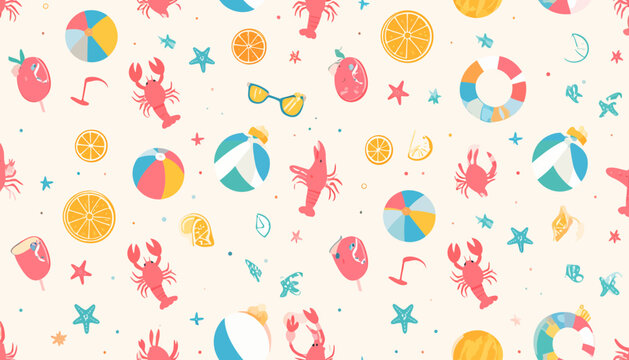 Colorful beach scene with various summer objects scattered on sandy background