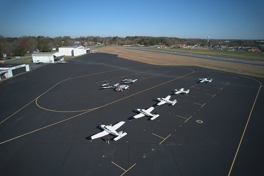 Aerial drone perspective of general aviation planes at Danville Airport, VA