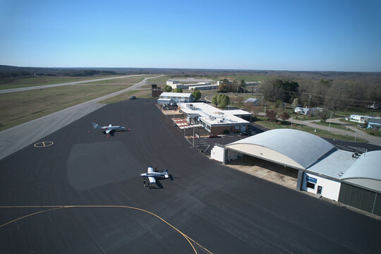 Aerial view of small aircraft parked at Danville Regional Airport, Virginia