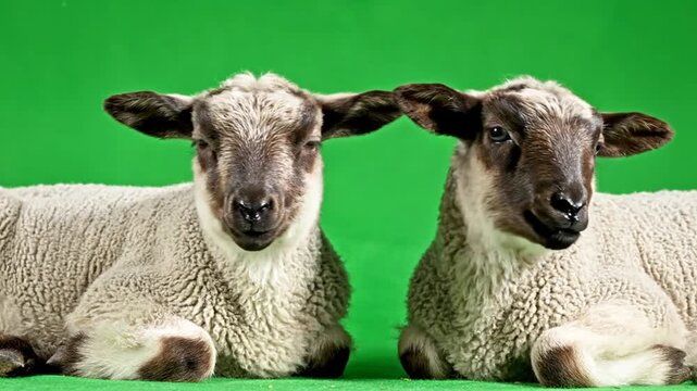 Two adorable young lambs with dark faces and light woolly bodies lie side-by-side against a vibrant green background, looking directly at the viewer.