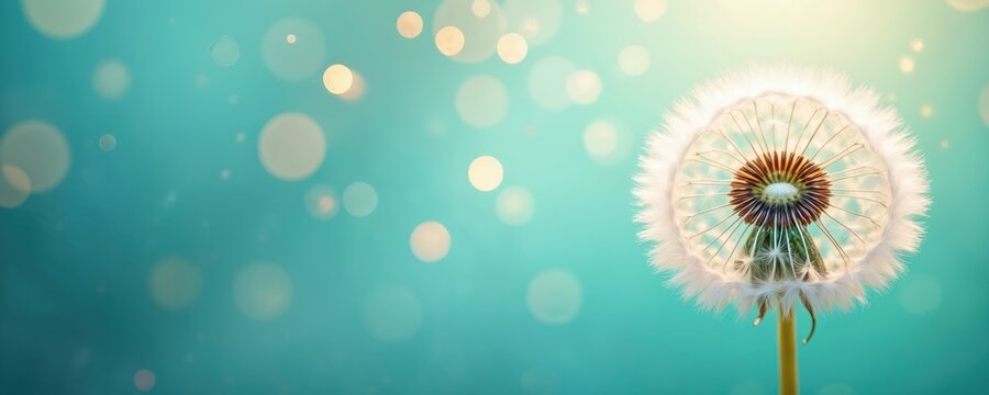 Macro shot of dandelion seed head. Soft light creates bokeh on teal background. Delicate white fluff floats in air, suggesting wishes and dreams.