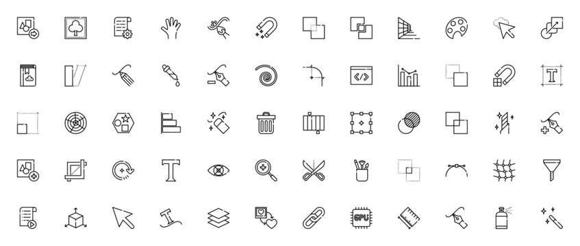 Vector editing tools icon set. Minimal vector illustration pack. Includes symbols, setup, hand, paint brush, magnet, merge, perspective, palette, cursor, blend, pencil, dropper, pen, spiral and more.