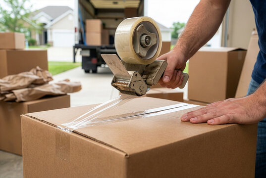 Person sealing cardboard box with tape dispenser gun for home relocation near moving truck