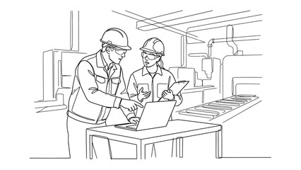 Fototapeta premium Two workers in hard hats collaborating on laptop.