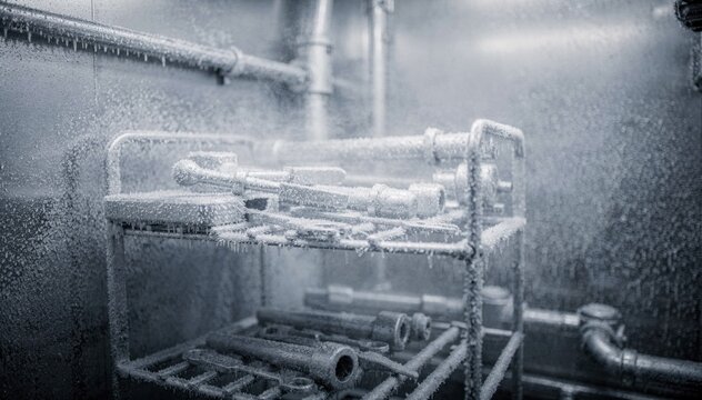 Medium shot capturing tools exposed to extreme cold conditions in environmental chamber simulating freezing environments for performance testing.