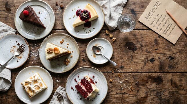 Assortment of Delicious Cakes on Rustic Wooden Table.