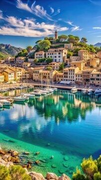 A panoramic view of Port de Soller, Mallorca Island, Spain, showcasing the historic port with its traditional whitewashed buildings, narrow cobblesto