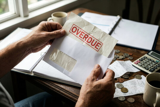 Hands holding overdue bill notice at desk with coins and calculator in home office