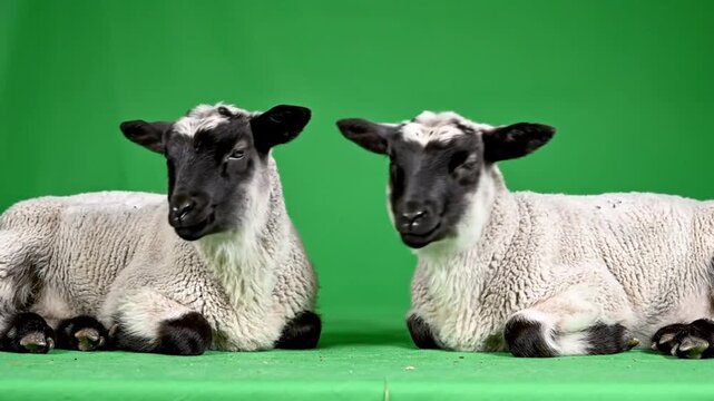 Two adorable young lambs with black faces and white wool lying on a green screen background.