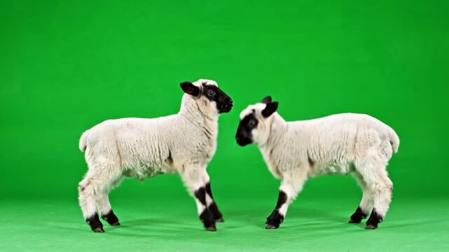Two young lambs with white wool and black faces standing on a vibrant green screen background, facing each other.