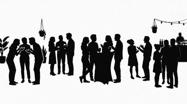 Silhouettes of a lively social gathering with people clustered in groups conversing and mingling at an event