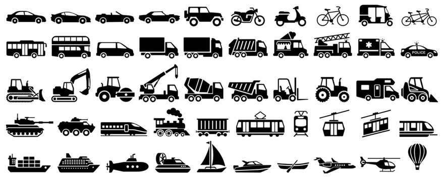 Complete set of 50 transportation and vehicle silhouettes, minimalist flat vector icons