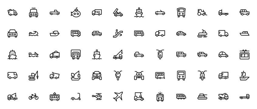 Transport icon set. Vector transportation pack. Featuring delivery truck, taxi, submarine, cargo ship, car, train, tractor, bus, jet ski, yacht, crane, motorbike, helicopter, ambulance, tank and more.