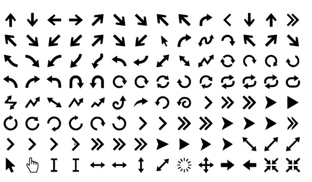 Minimal black arrow vector icon collection with cursor and navigation symbols isolated on white