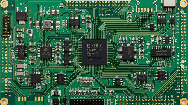 Closeup of a green printed circuit board with various electronic components