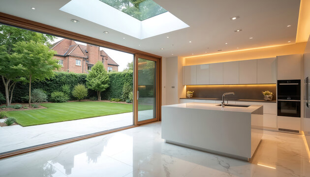 Modern kitchen extension with garden view. Sleek white island with sink. Large sliding glass doors open to lush green lawn. Skylight ceiling lets in natural light. Contemporary luxury home.